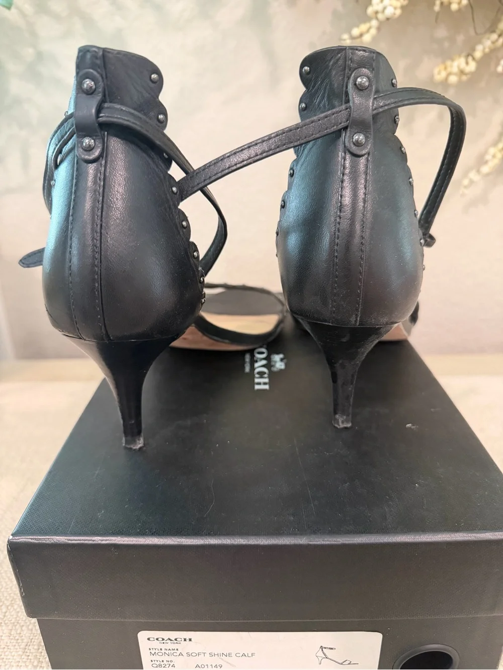 Coach Black Scalloped Ankle-Strap Heels with Stud Accents